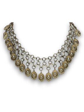 Vintage Boho Floral Metal Gold Silver Tone Bib Necklace 13 Inch